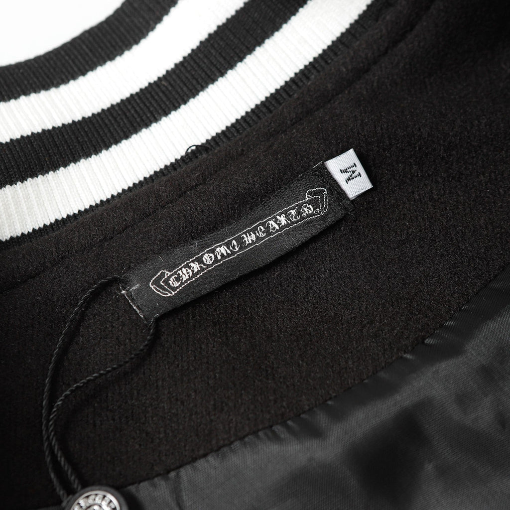 Cross Embroidered Leather Sleeve Varsity Jacket - Black Street Style 116